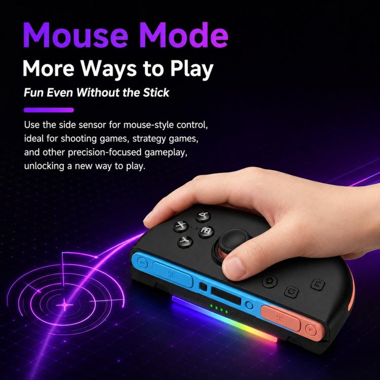 Black controller grip with illuminated light bar, held in hand