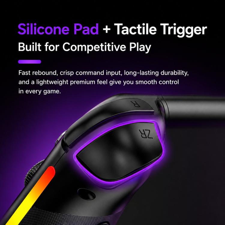 Black controller with purple-lit touchpad and tactile trigger on handle