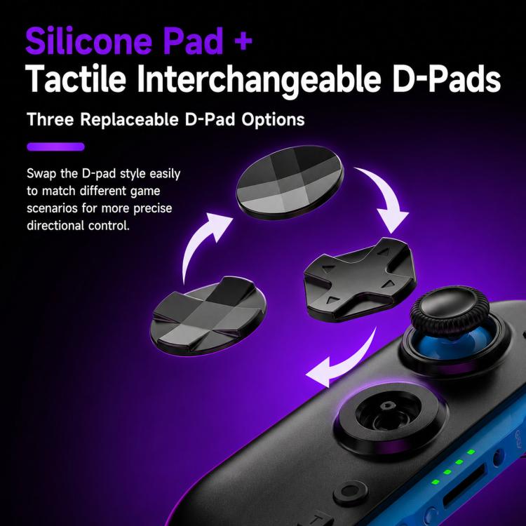 Black controller with interchangeable D-pads and thumbsticks, includes three D-pad options