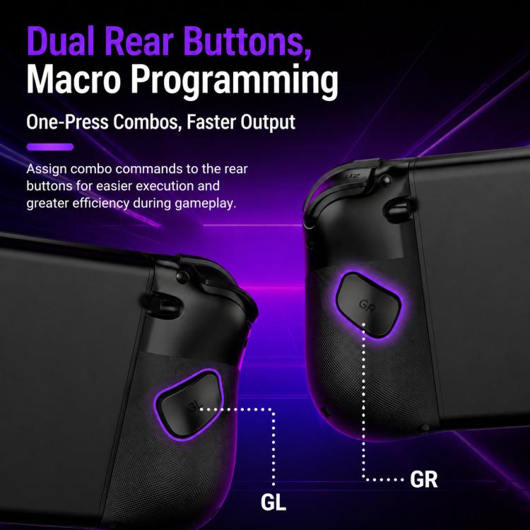Black controller with highlighted rear grip area and dual rear macro buttons