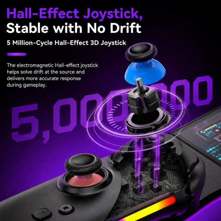Black controller with hall-effect style motion joystick and glowing RGB accent