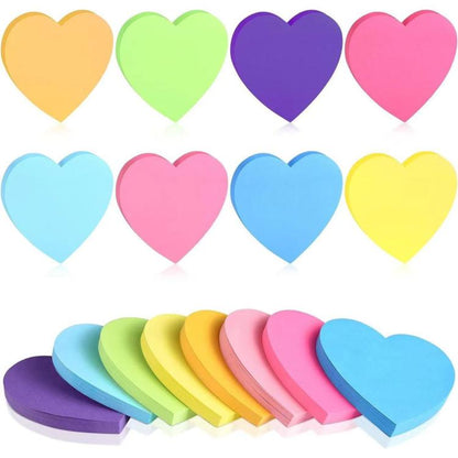 Heart-shaped sticky memo notes in assorted bright colors, 8-pack style.
