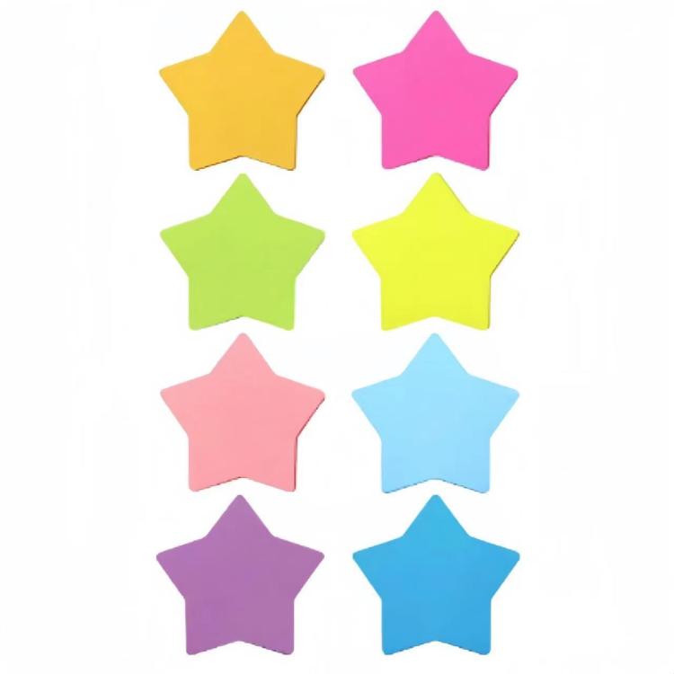 Star-shaped sticky memo notes in assorted bright colors, 8 shapes shown.