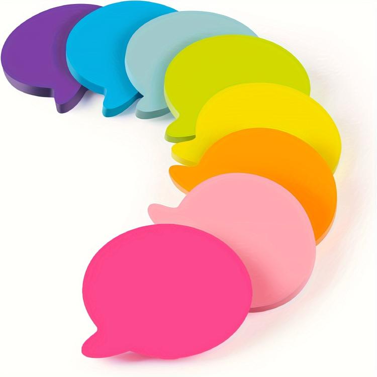 Speech bubble-shaped sticky memo notes in bright purple, blue, green, pink, and orange.