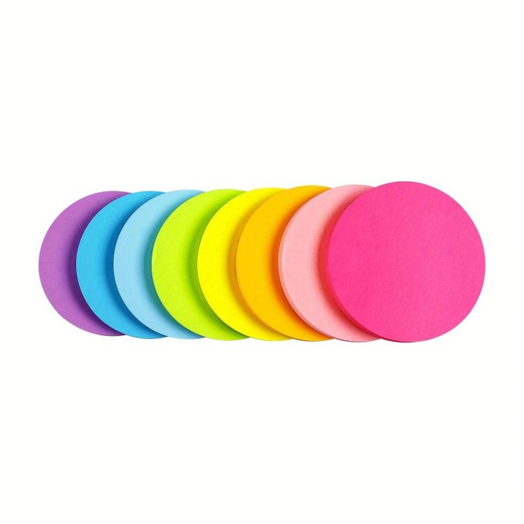 A line of round sticky memo notes in rainbow-bright colors, stacked together.