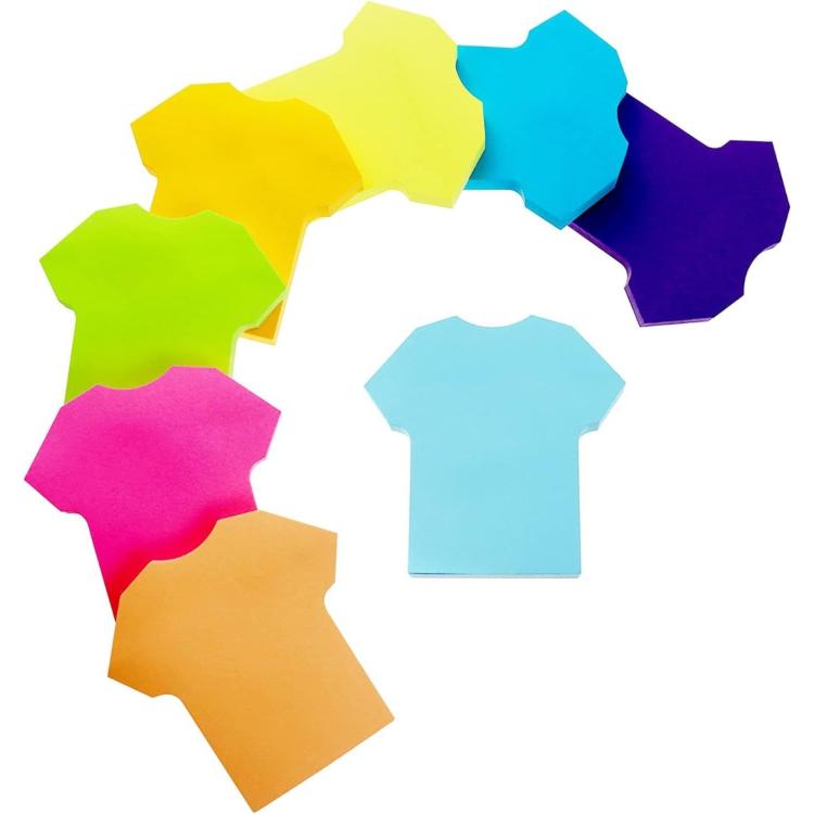 Shaped sticky notes in yellow, green, blue, purple, and pink star and shirt shapes