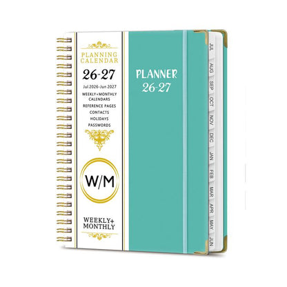 Lake blue A5 hardcover spiral planner with monthly calendar and planning tabs