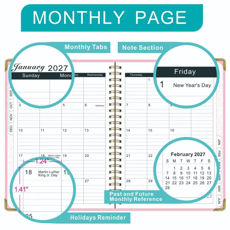 Planner monthly page spread with monthly tabs, note section, and holidays reminder