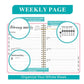 Planner weekly page spread with priorities, ruled writing space, and date references