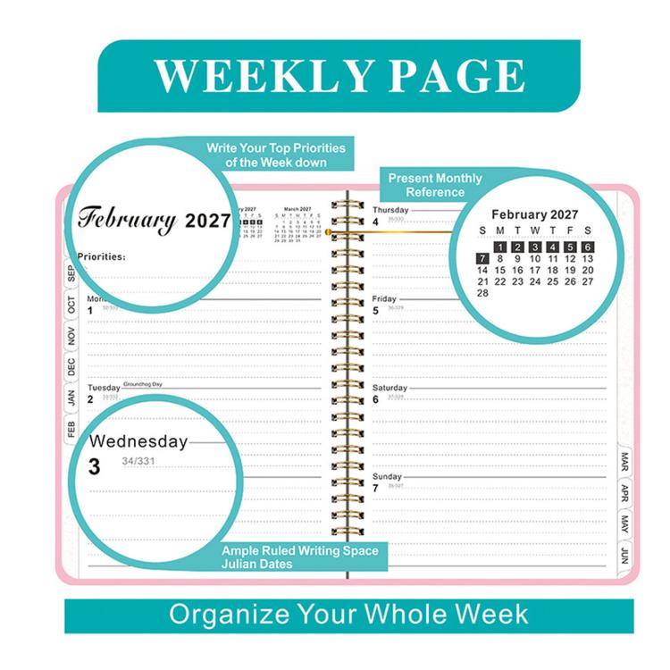 Planner weekly page spread with priorities, ruled writing space, and date references