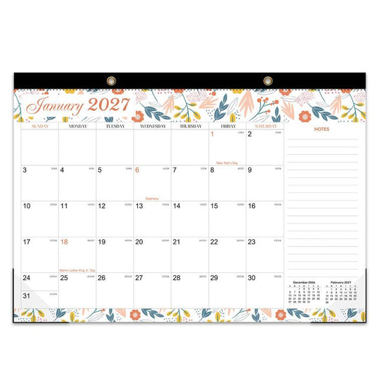 18 Months Jan 2027 - Jun 2028 Desk Calendar 17inch x 12inch Large Monthly Wall Calendar, Fresh Flower, European Style, Black Classic, Watercolor Florals, Fluid Style, Holiday Theme, Fresh Watercolor Style