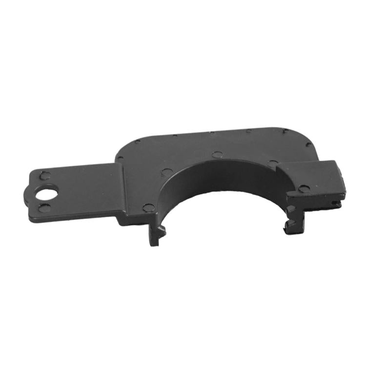 Black U-shaped fuel door bracket panel with central round opening and mounting tabs
