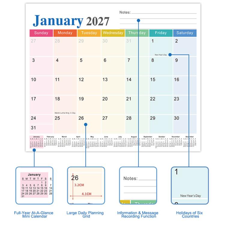 Monthly magnetic calendar sheet with small note cards attached, January 2027 layout.