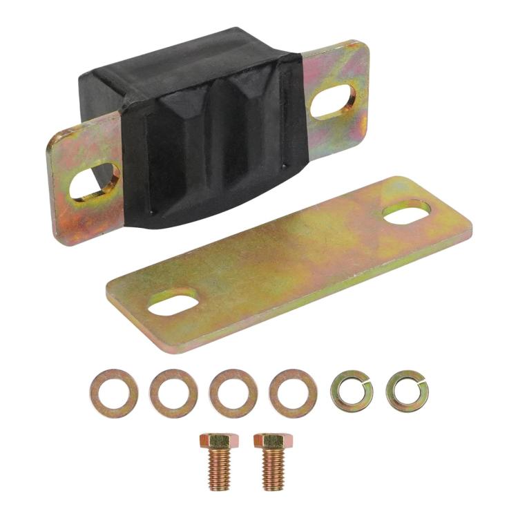 Rear transmission mount bracket with black bushing and iridescent steel mounting plates
