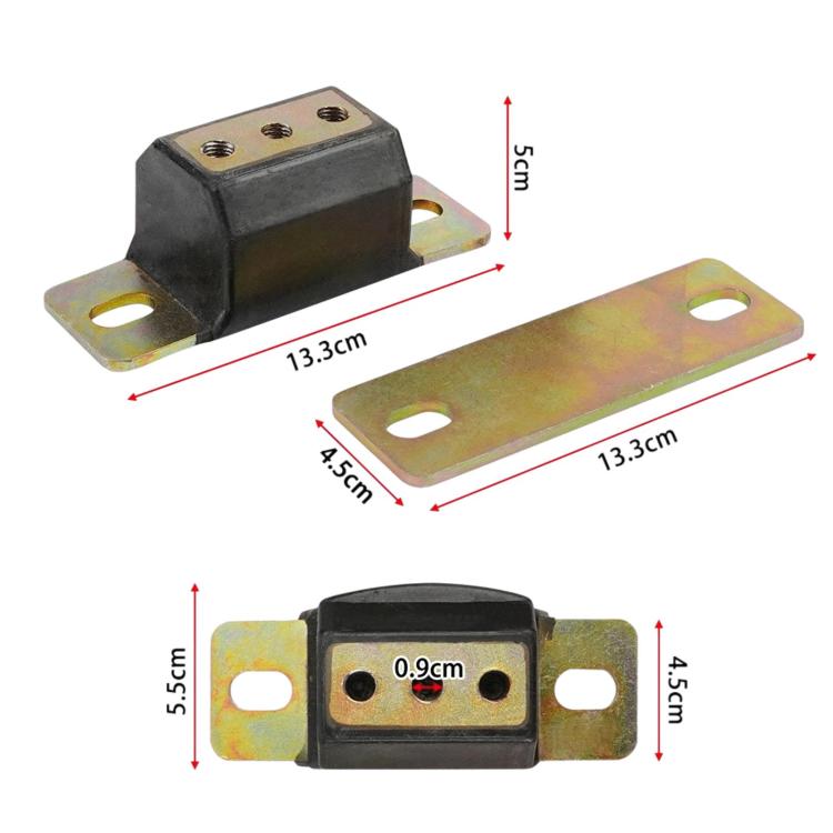 Rear transmission mount bracket kit with black bushing and steel plates, size shown