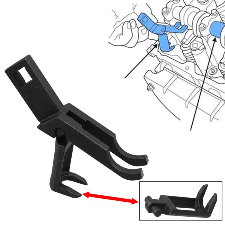 Black valve spring removal tool for engine use, with red direction arrow
