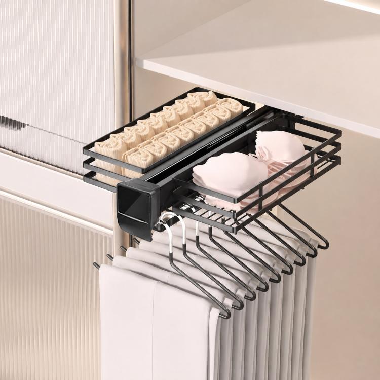 Slide-out closet pants organizer rack with black metal frame and hanging hooks