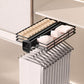 Slide-out wardrobe storage rack with black wire shelves and multiple hanger hooks