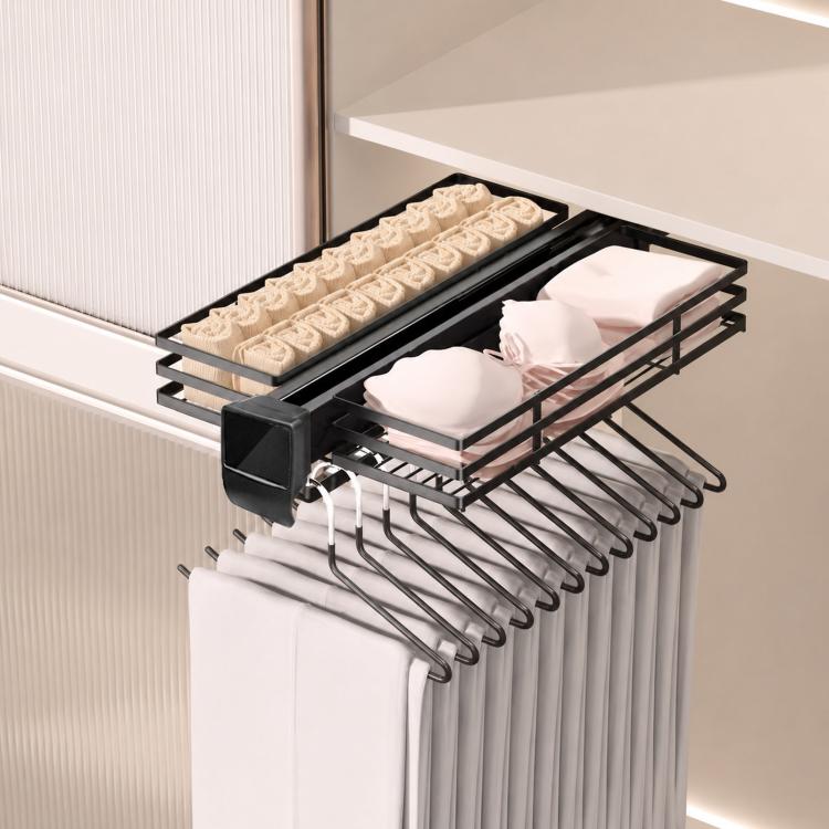 Slide-out wardrobe storage rack with black wire shelves and multiple hanger hooks