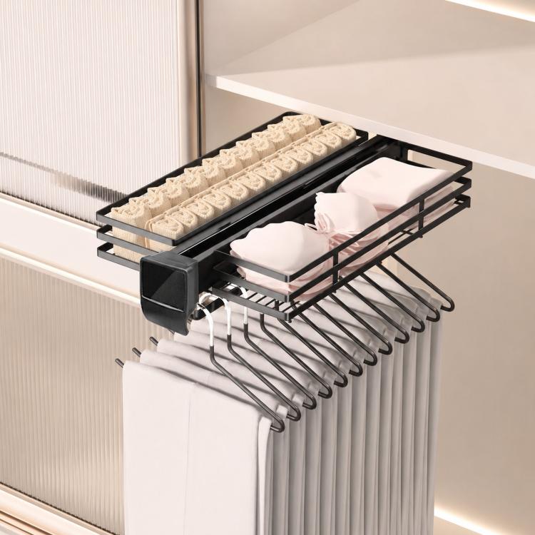 Black slide-out closet organizer rack with hanging hooks and two tier bars
