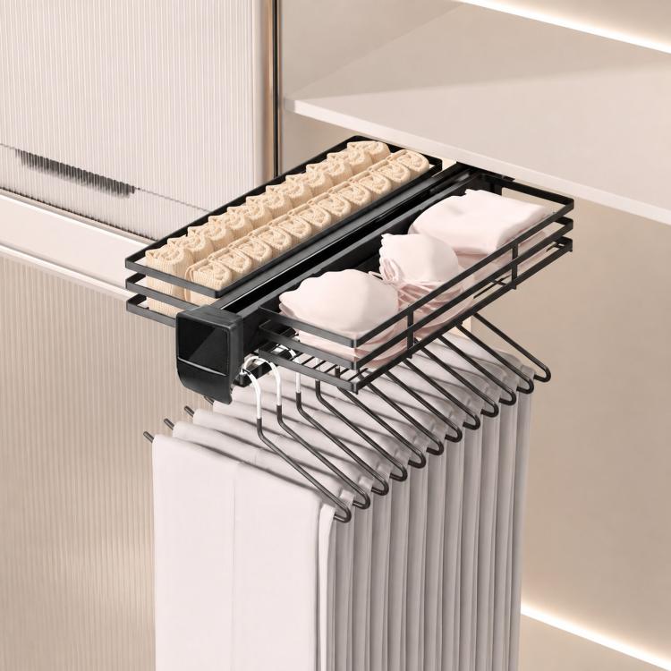 Slide-out wardrobe rack organizer with black metal frame and multiple pant hooks