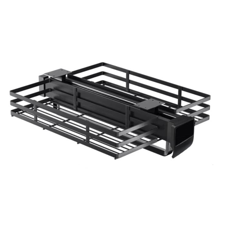 Black slide-out rack for closet storage with wire tiers and end handle