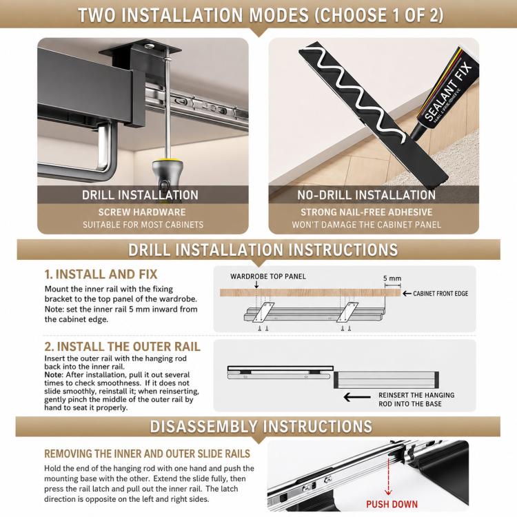 Slide-out closet pants rack with installation modes showing drill and adhesive base