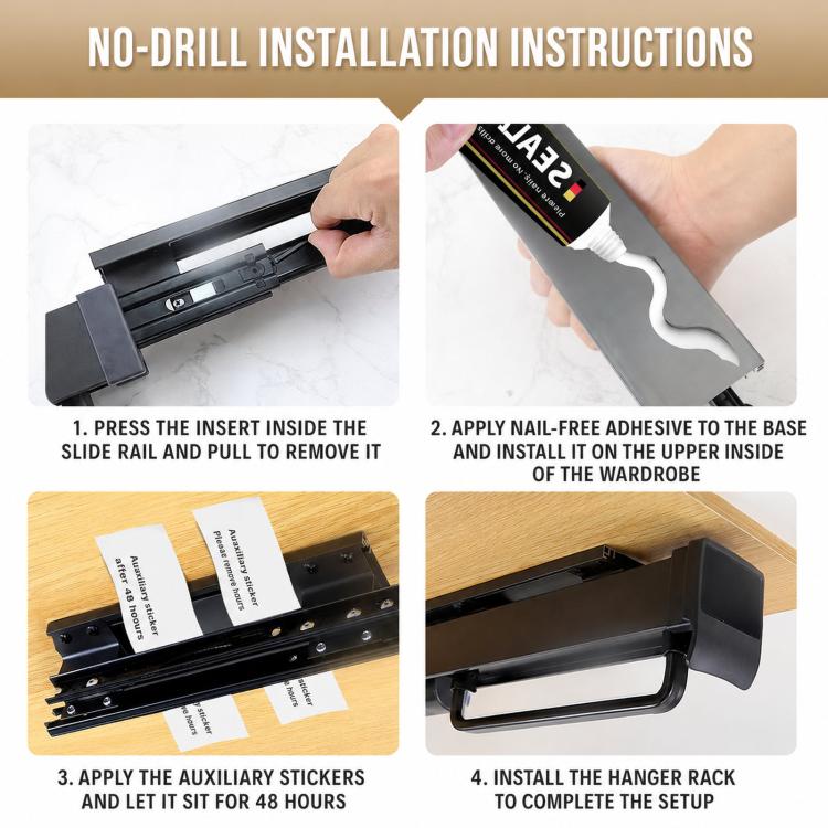 Slide-out closet pants rack no-drill adhesive installation steps for base mounting