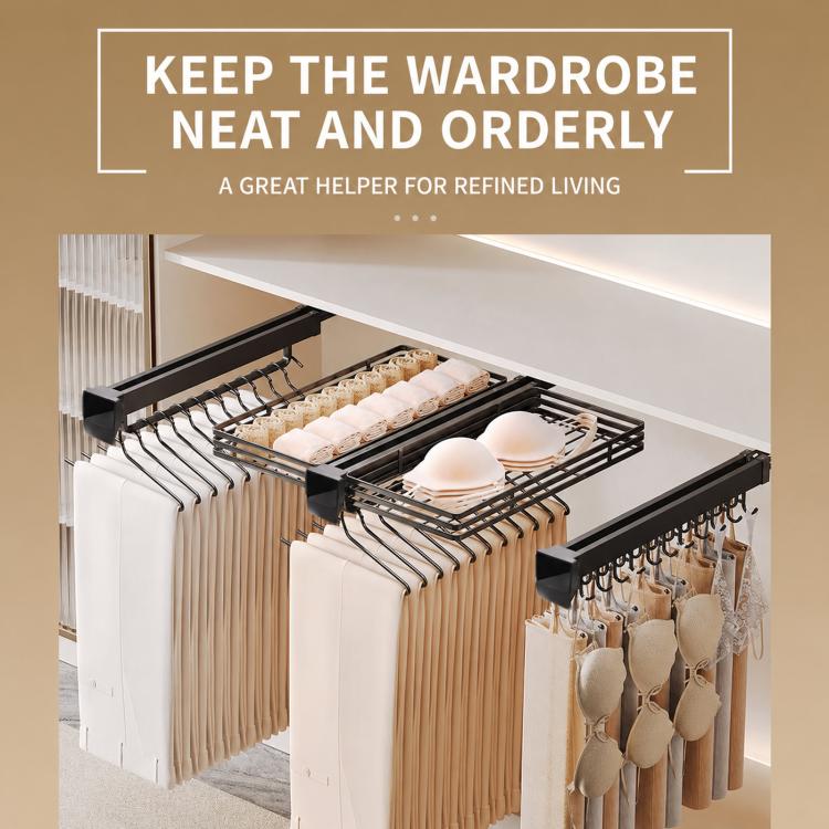 Slide-out closet organizer rack with black wire tiers and hanging hooks for clothes