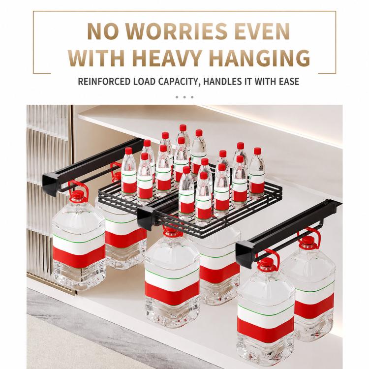 Slide-out closet pants rack with black wire platform holding bottles