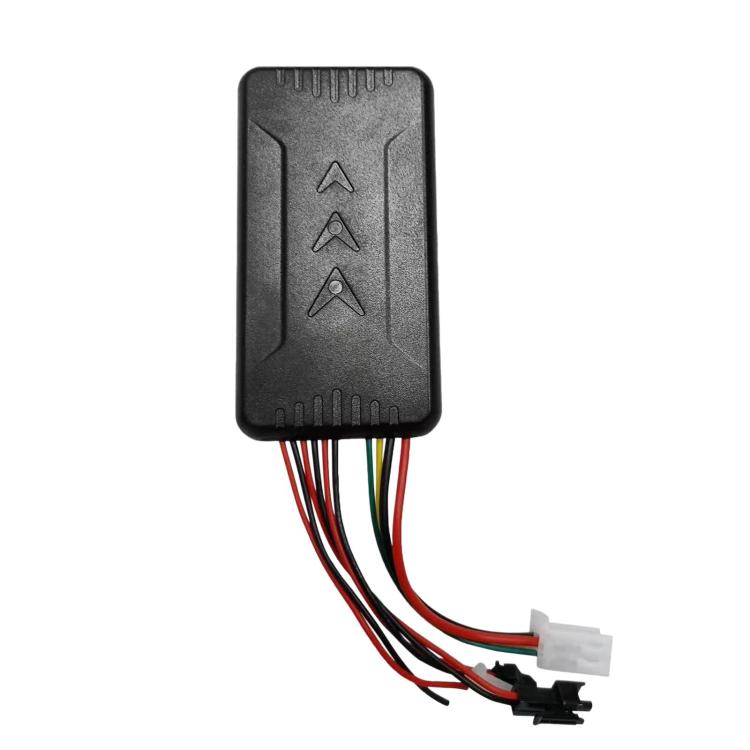 Vehicle GPS tracker module, front view, with multi-color wiring and white plug