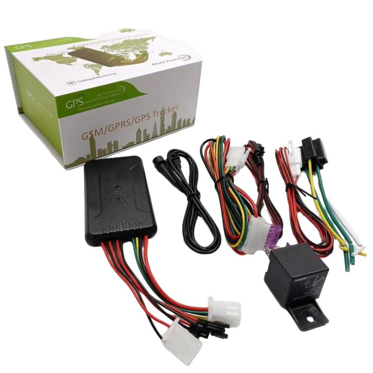Vehicle GPS tracker kit with black module, cables, mounting parts, and product box