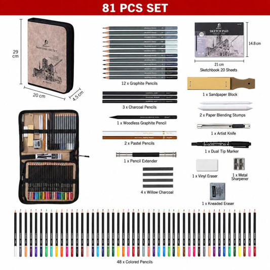 Sketching And Colored Pencil Art Set With Sketchbook In Suede Nubuck Leather Zippered Organizer Case, Giorgione 39 In 1, Giorgione 57 In 1, Giorgione 81 In 1, Giorgione 105 In 1, Giorgione 153 In 1
