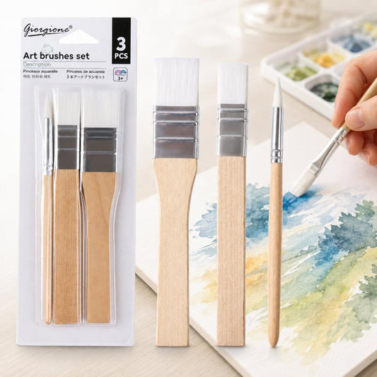 Giorgione 3 Pcs Natural Wood Paint Brush Set Synthetic Nylon Hair Flat & Round Brushes