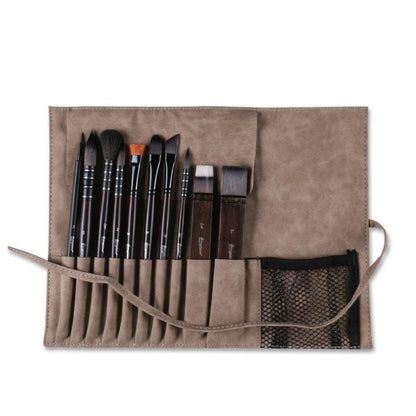 Watercolor paint brush set with multiple brushes stored in a beige roll-up case