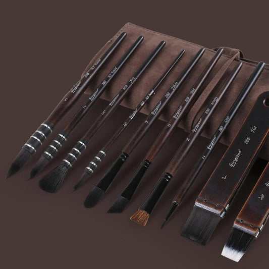 Giorgione 10 In 1 Synthetic Squirrel Hair Watercolor Paint Brush Set with Velvet Roll-Up Case Birch Wood Handles