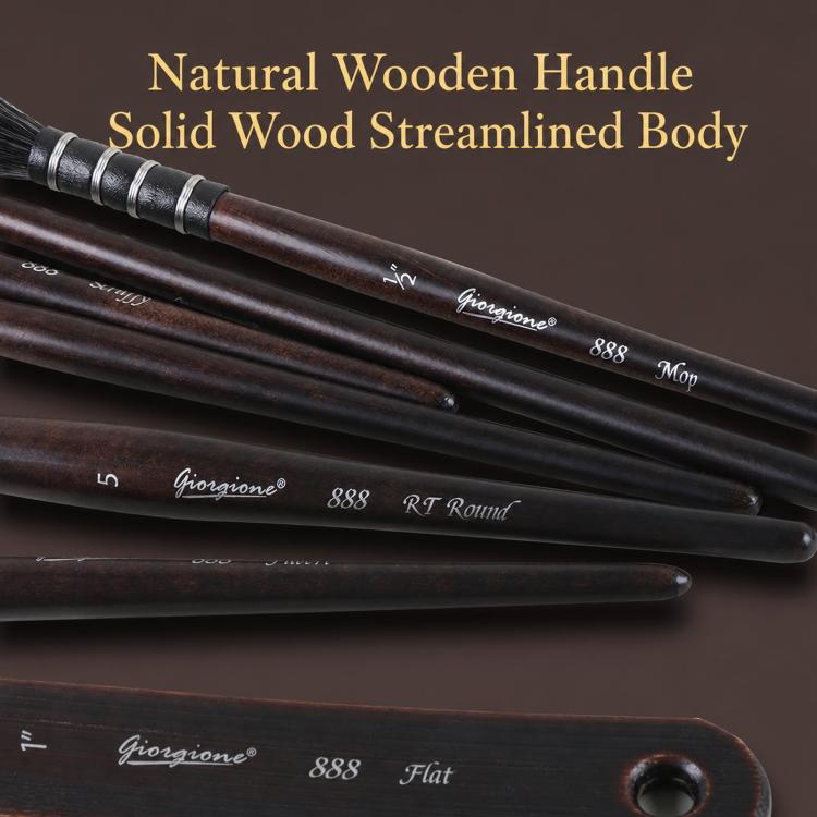 Row of watercolor brushes with birch wood handles and different tip styles