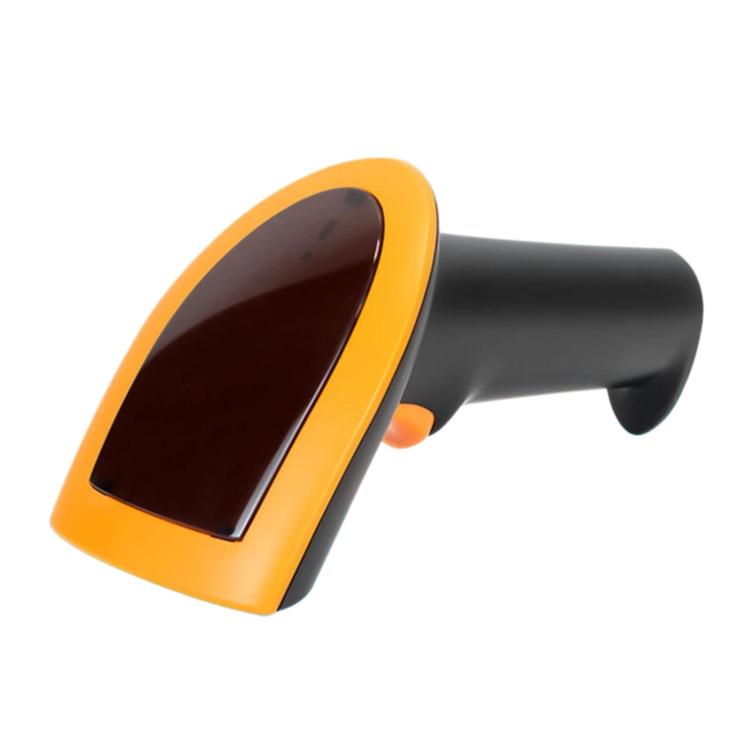 Handheld QR code scanner with orange and black housing, angled scan window