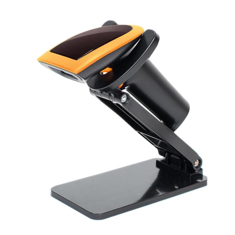 Handheld QR scanner on folding stand, orange ring around black scan window