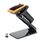 QR scanner with folding stand, orange-and-black body and USB receiver dongle