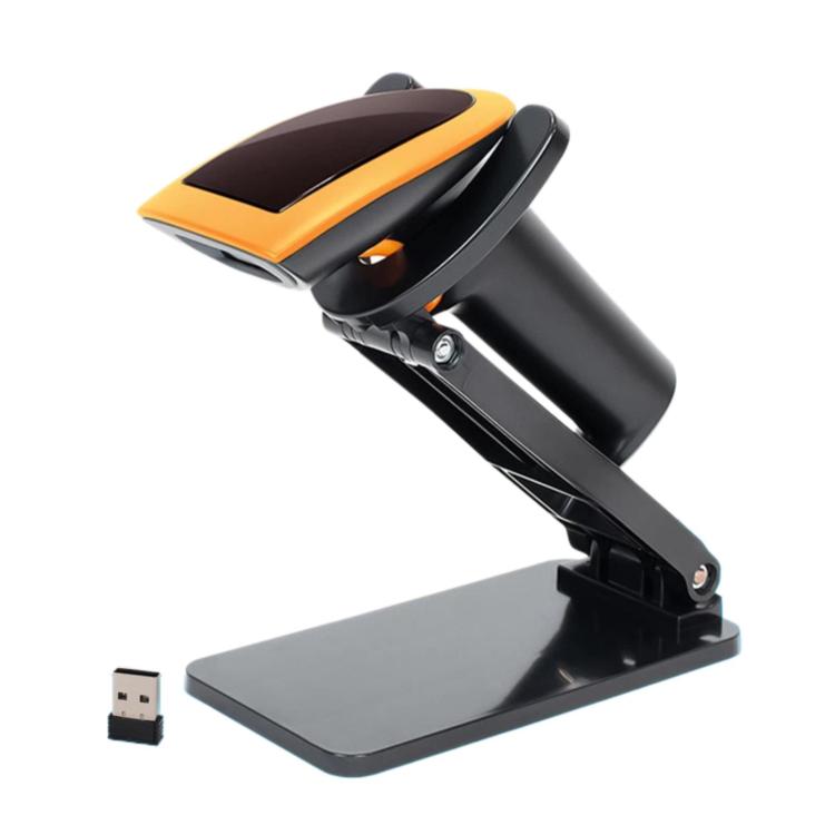 QR scanner with folding stand, orange-and-black body and USB receiver dongle