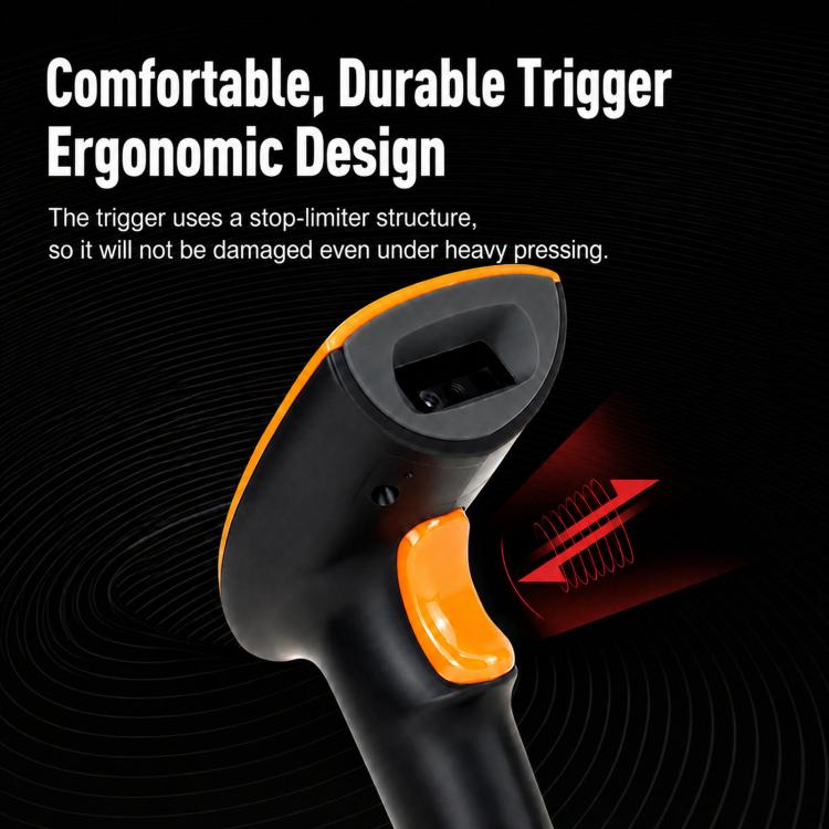 Ergonomic trigger grip on orange-and-black QR scanner, close-up of hand trigger