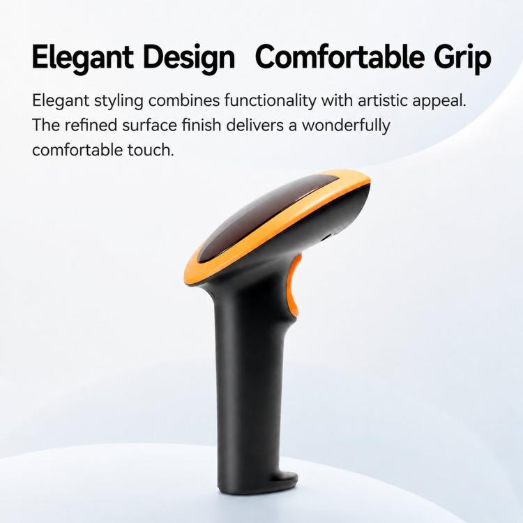 QR code scanner with comfortable grip, orange edge on black handle