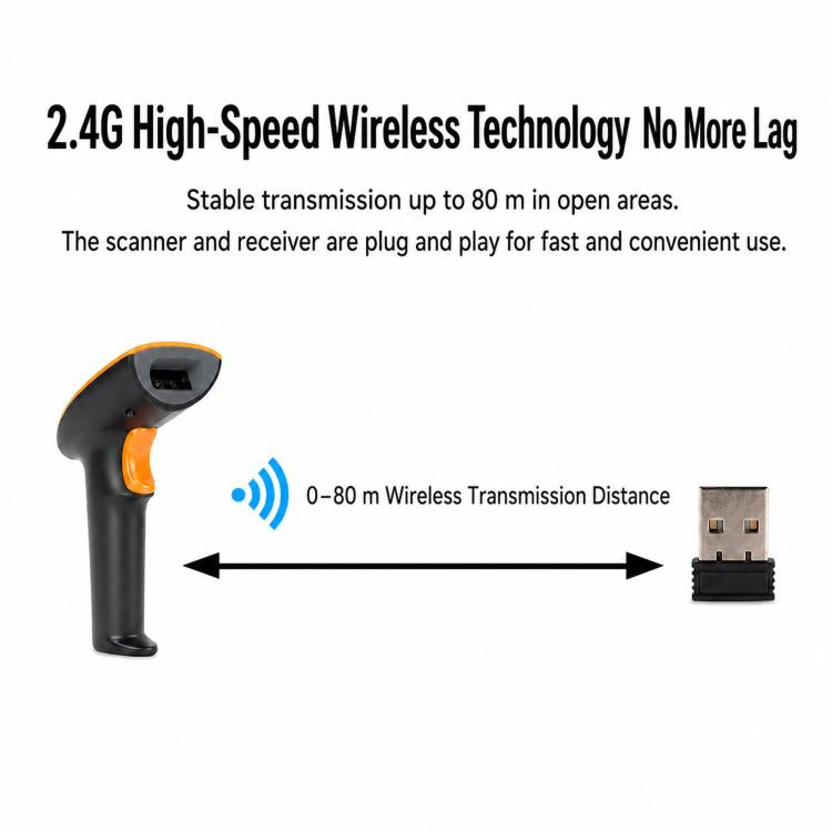 Handheld QR scanner with orange trigger and USB wireless receiver dongle