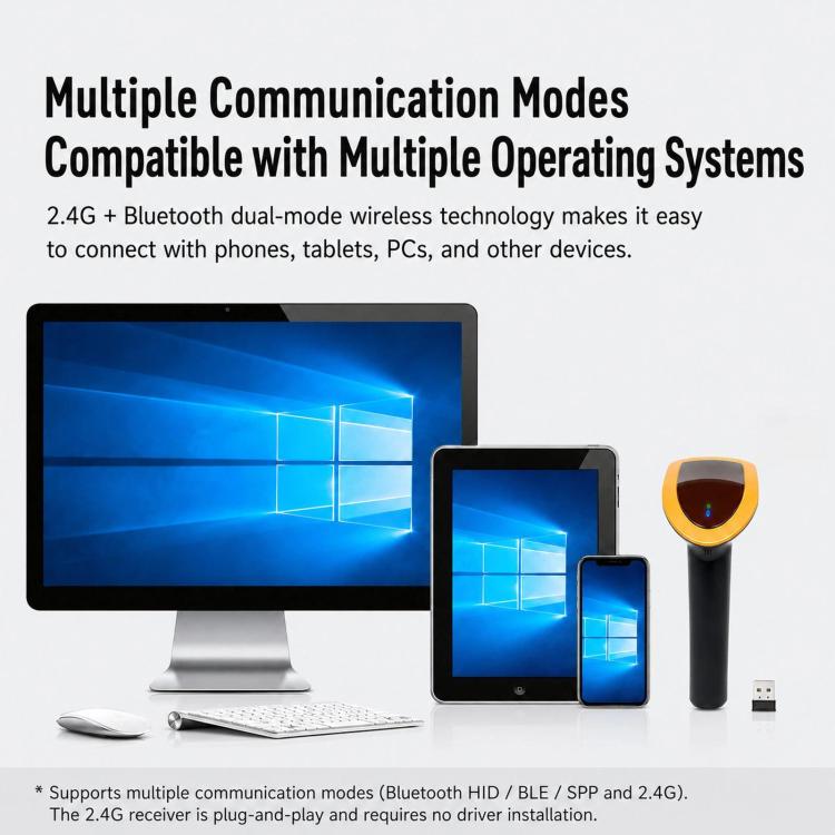 Handheld QR scanner with USB wireless receiver next to computer and mobile devices
