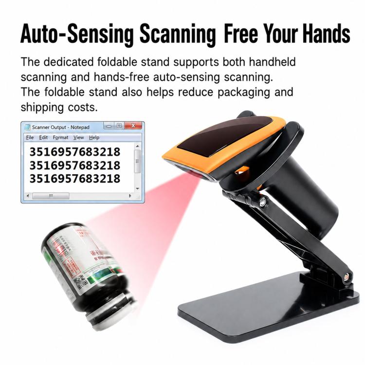 QR scanner on fold-out stand for hands-free scanning, orange-and-black body