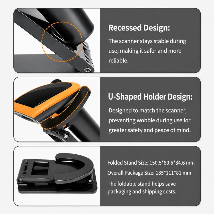 Wired QR code scanner with folding stand holder and recessed design, black
