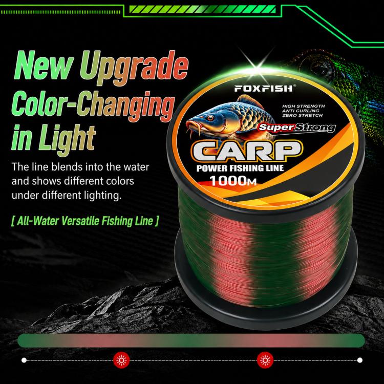Carp color-changing fishing line spool with green-and-red line, 1000m