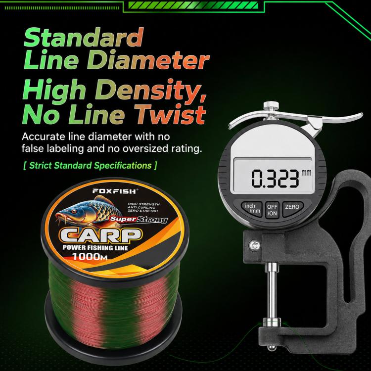 Carp fishing line spool with line diameter measurement gauge and caliper