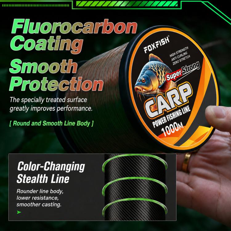Carp color-changing fishing line spool with smooth green-and-red line